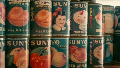 Nostalgic display of vintage Japanese SUNYO brand canned fruits. Perfect for retro and vintage-themed projects.