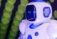 Close-up of a modern humanoid robot with glowing blue features on a green abstract background.