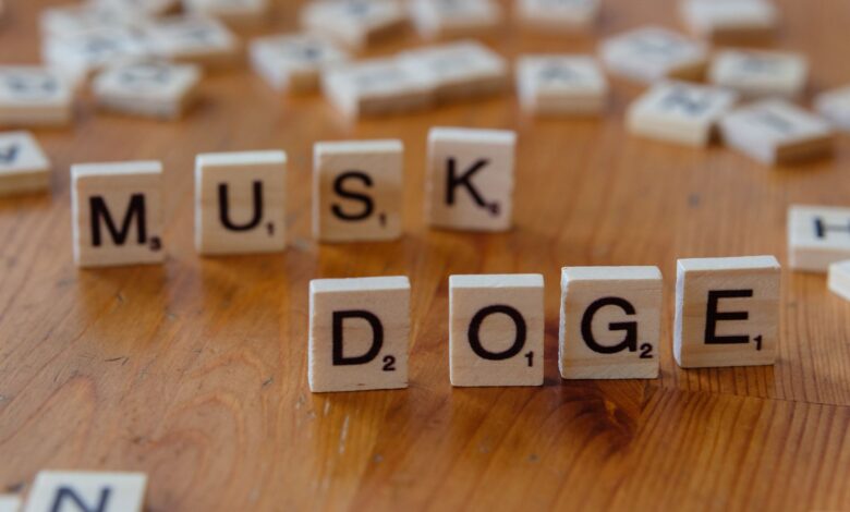 Scrabble tiles spelling 'DOGE' and 'MUSK' on a wooden table, highlighting internet culture and cryptocurrency.