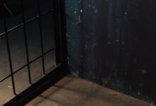 Moody image of metal bars casting shadows on a dark, grungy wall corner.