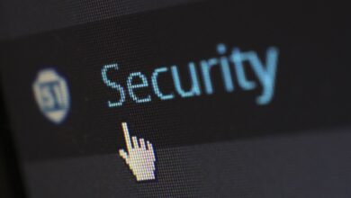 Close-up view of a mouse cursor over digital security text on display.