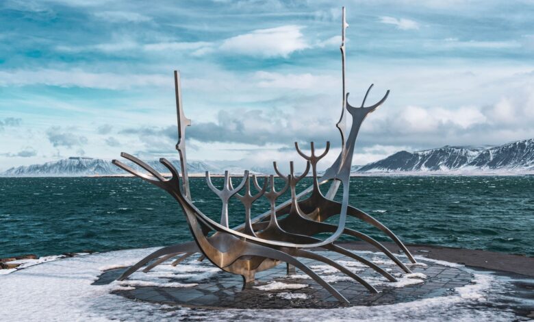 The iconic Sun Voyager sculpture on Reykjavik's snowy shore during winter.