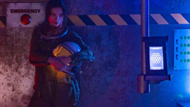 Astronaut in a futuristic setting with emergency alert. Ideal for sci-fi themes.