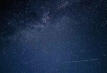 A clear night sky filled with stars and a meteor streaking across.