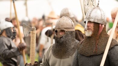 Men in Viking armor participate in a reenactment event in Szczecin, Poland.
