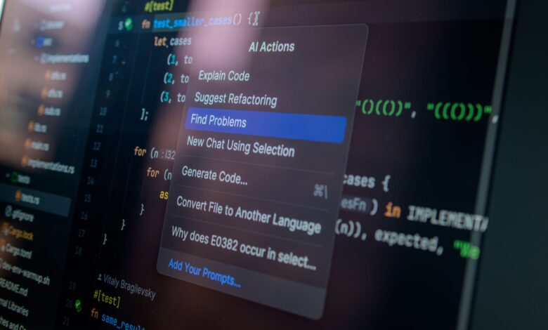 Detailed view of a computer screen displaying code with a menu of AI actions, illustrating modern software development.