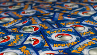 A vibrant display of Pokémon trading cards featuring the iconic Pokeball design.