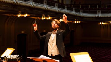 Orchestra conductor passionately leading a performance in an elegant concert hall.