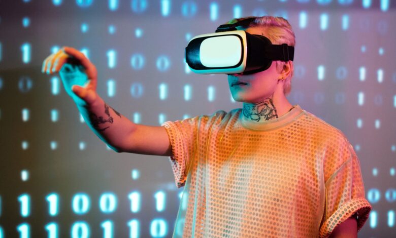 A person experiences virtual reality with a headset against a background of binary code.