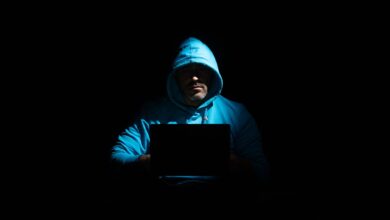 A person in a hoodie using a laptop in a dark setting, conveying mystery and technology themes.