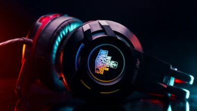 Close-up of a vibrant gaming headset with LED lighting, perfect for gamers.