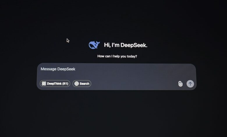 Image displaying DeepSeek AI interface for messaging and search functionality.