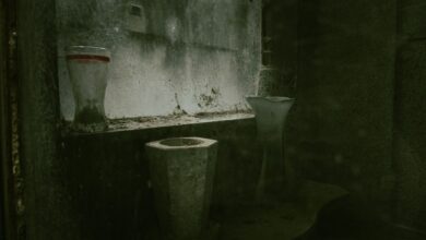 An unsettling window scene in Rosario with dust-covered vases casting shadows.