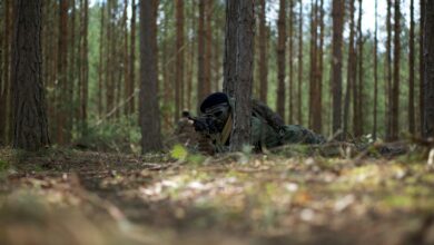 Soldier camouflaged in a forest environment, holding a weapon in a tactical stance.