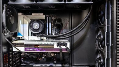 Interior view of a gaming PC showcasing a GeForce RTX graphics card and high-performance cooling system.