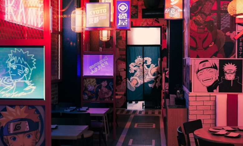 A vibrant anime-themed restaurant with neon lights and Japanese decor in Tokyo.