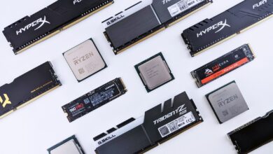 High-quality image of various computer components, including RAM and CPUs, on a white background.