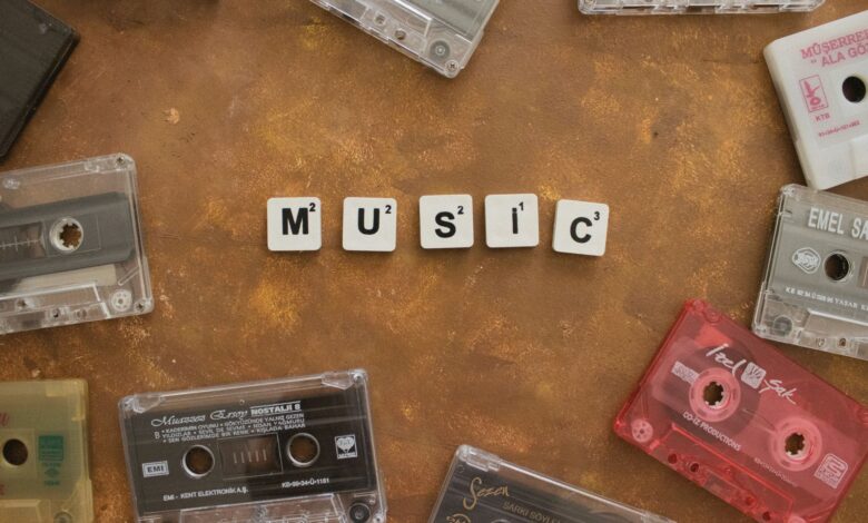 Retro cassette tapes arranged with Scrabble tiles spelling 'Music' on a brown background.