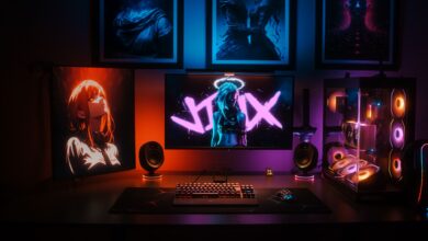 A dynamic gaming setup showcasing neon LED lights and anime-inspired art, perfect for tech enthusiasts.