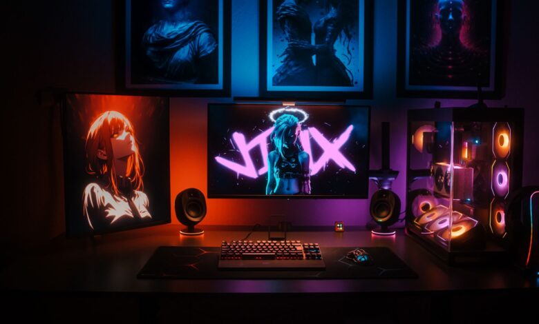 A dynamic gaming setup showcasing neon LED lights and anime-inspired art, perfect for tech enthusiasts.