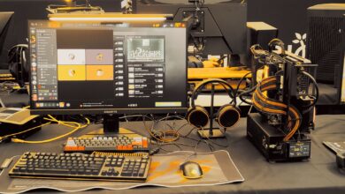 Modern gaming gear setup on display at a tech expo.