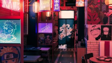 A vibrant anime-themed restaurant with neon lights and Japanese decor in Tokyo.