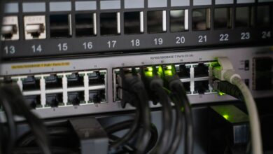 Networking equipment with connected cables, showcasing modern technology infrastructure.