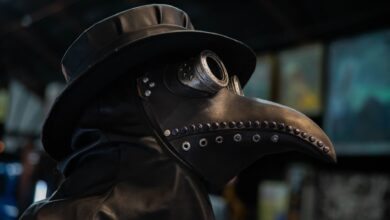 Close-up of a historically styled plague doctor mask with a beak-shaped nose.