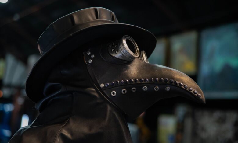 Close-up of a historically styled plague doctor mask with a beak-shaped nose.