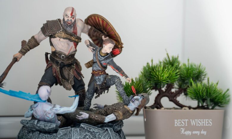 Detailed figurines in an action pose next to a miniature bonsai tree in a pot with 'Best Wishes' text.