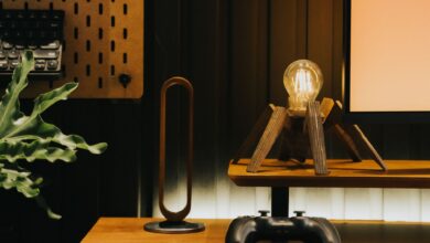 Stylish desk setup featuring a unique lamp, game controller, and plant for a contemporary workspace.