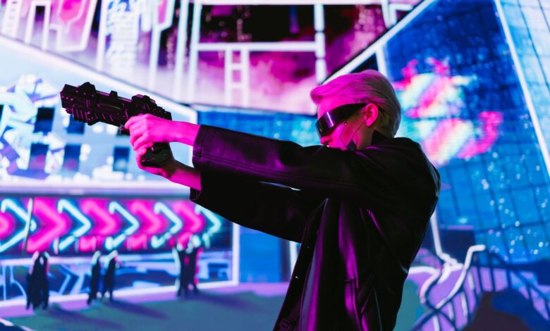 Person in cyberpunk attire aims futuristic gun in neon-lit scene