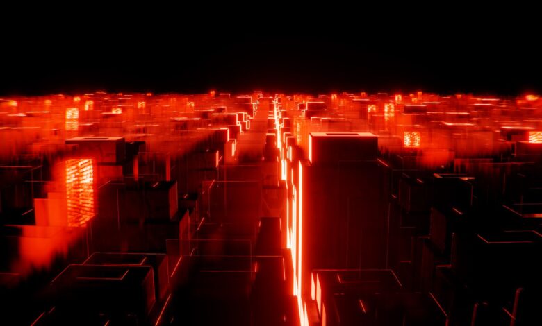 A captivating digital abstract cityscape glowing with red neon lights. Perfect for tech themes.