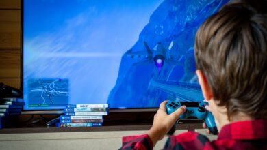 Young boy playing video game on TV with PS4 controller, enjoying leisure time indoors.