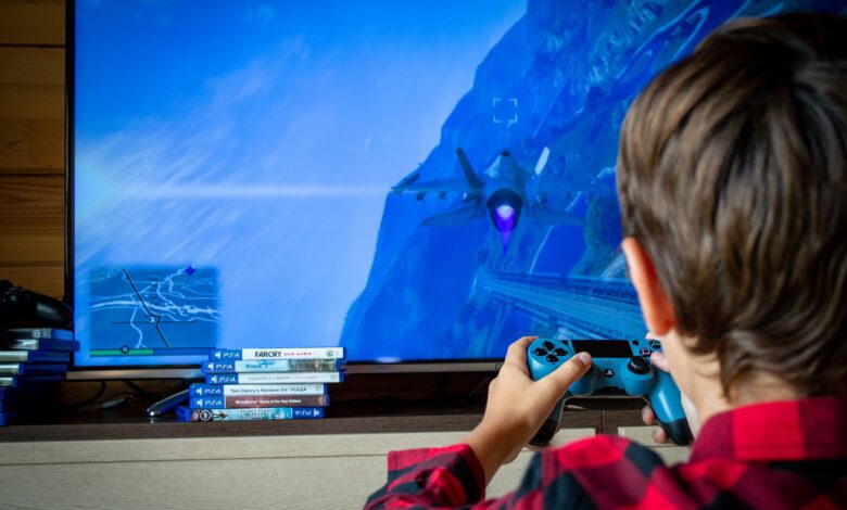Young boy playing video game on TV with PS4 controller, enjoying leisure time indoors.