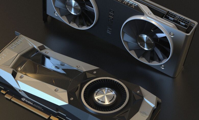 Top view of NVIDIA GTX 1080 and RTX 2080 graphics cards used in advanced computer setups.
