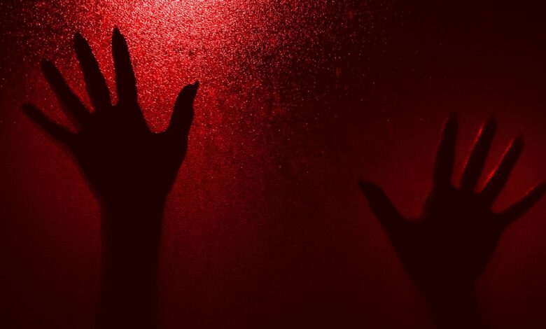 Silhouetted hands reaching up on a textured red-lit background, evoking mystery and drama.