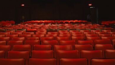 Rows of empty red seats inside a classic movie theater with a vintage ambiance.