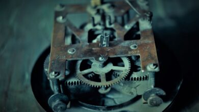 Close-up photo of an old rusty clock mechanism showcasing intricate gears and machinery.