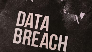 A conceptual image highlighting the issue of data breaches, featuring bold text on a textured background.