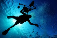 Silhouette of a diver filming underwater, capturing the serene oceanic environment.