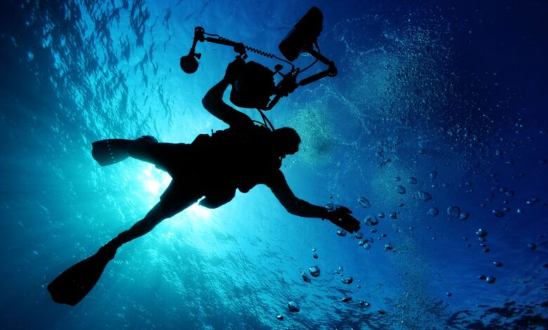 Silhouette of a diver filming underwater, capturing the serene oceanic environment.