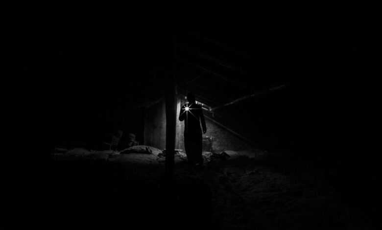 A shadowy figure explores a dimly lit, eerie attic with a flashlight.