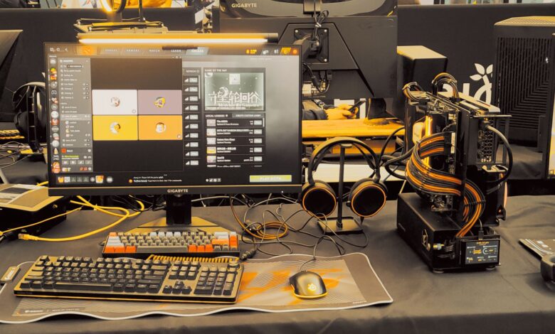 Modern gaming gear setup on display at a tech expo.