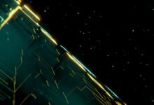 A digital abstract scene with neon lights and futuristic elements in space.