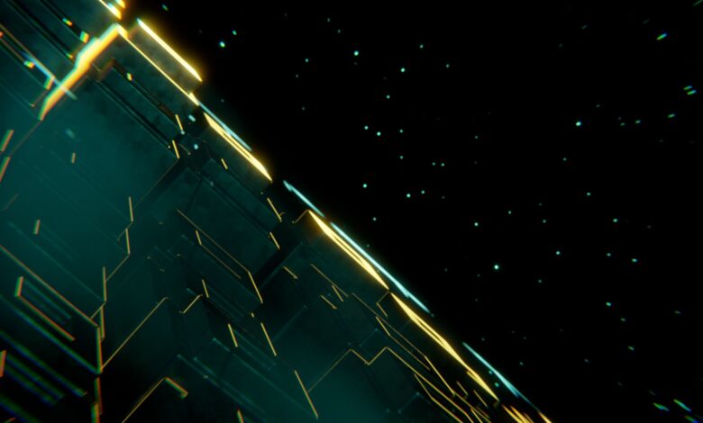 A digital abstract scene with neon lights and futuristic elements in space.