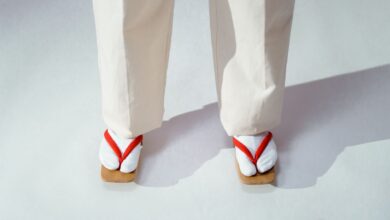 Close-up of traditional Japanese footwear and white socks on a light background.