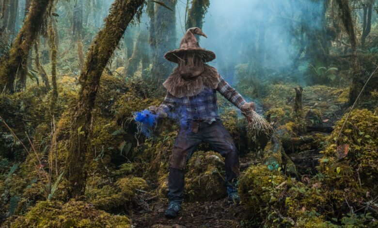 A mysterious figure in a costume stands among moss-covered trees in a foggy, enchanted forest.
