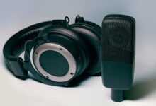 High-quality studio headphones and microphone for professional audio setups.