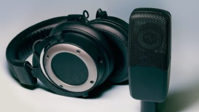 High-quality studio headphones and microphone for professional audio setups.